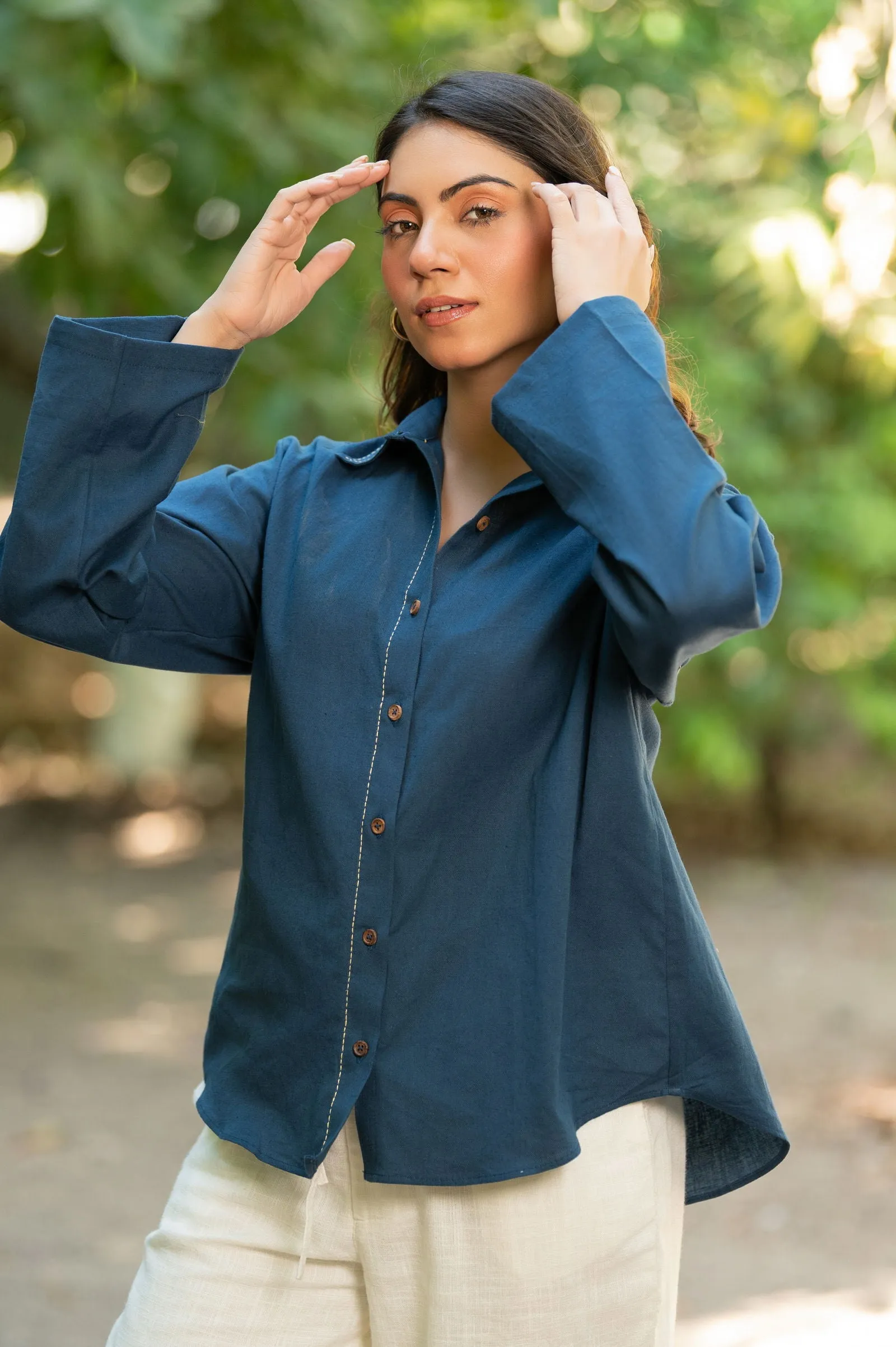 Women Cottonflex Collarneck Loose Fit Shirt Blue