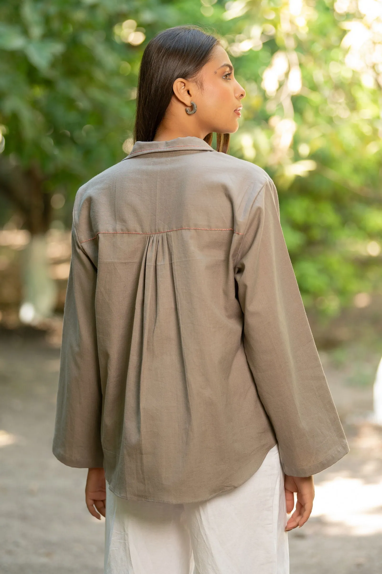 Women Cottonflex Collarneck Loose Fit Shirt Grey