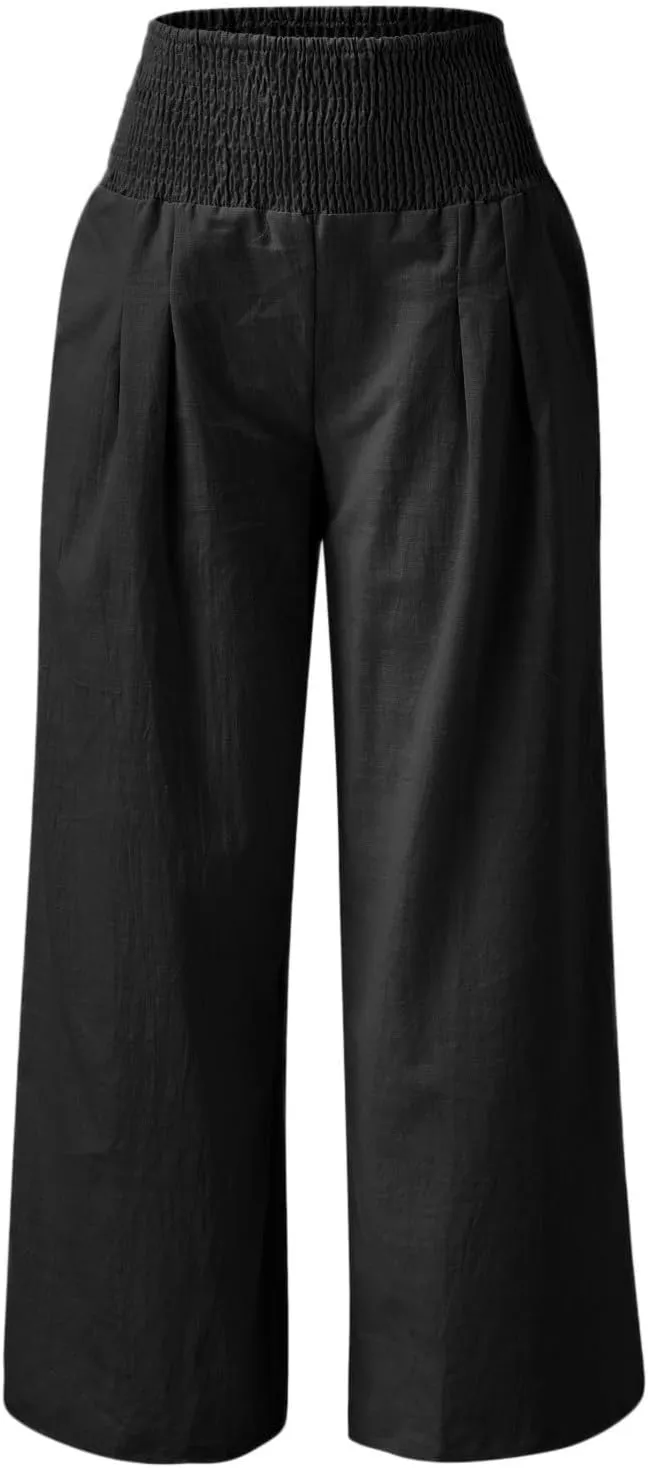 Women Linen Palazzo Pants Boho Wide Leg High Waist Casual Lounge Pant Trousers with Pockets Straight Leg Comfy Pants