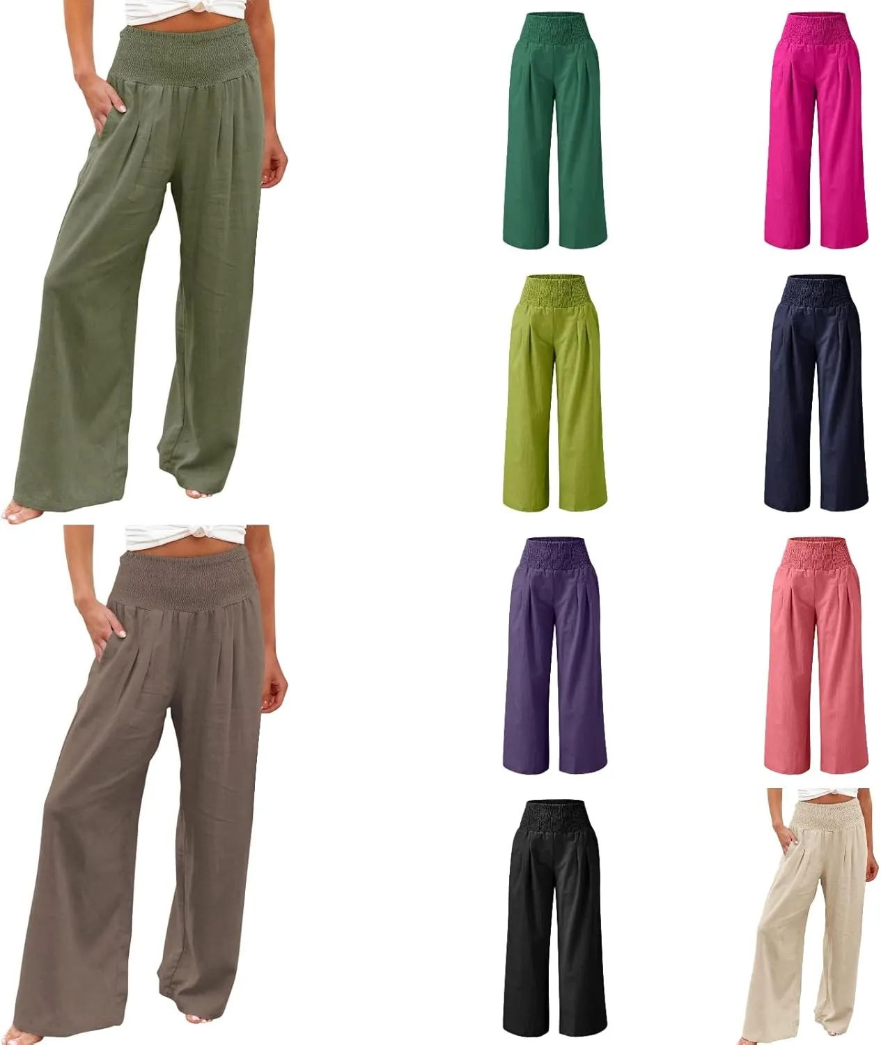 Women Linen Palazzo Pants Boho Wide Leg High Waist Casual Lounge Pant Trousers with Pockets Straight Leg Comfy Pants