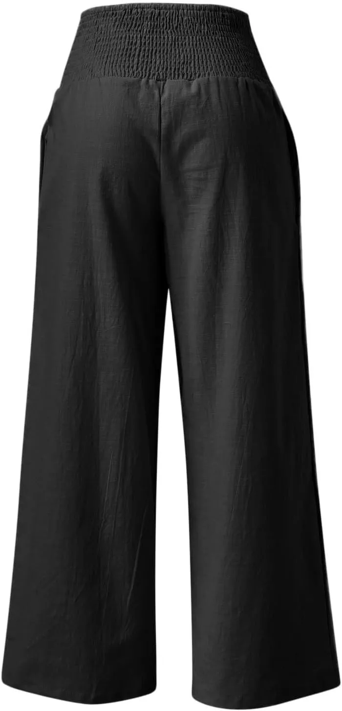 Women Linen Palazzo Pants Boho Wide Leg High Waist Casual Lounge Pant Trousers with Pockets Straight Leg Comfy Pants