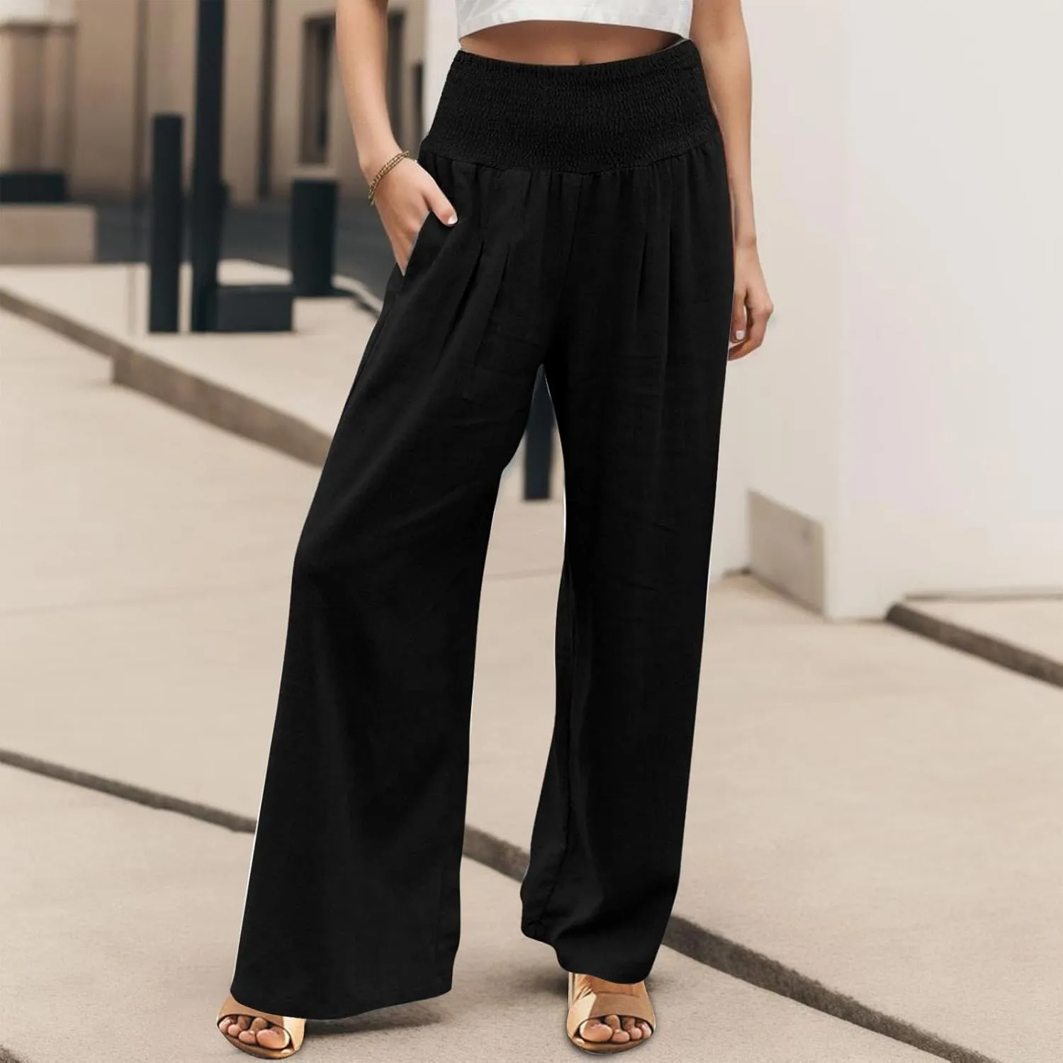 Women Linen Palazzo Pants Boho Wide Leg High Waist Casual Lounge Pant Trousers with Pockets Straight Leg Comfy Pants