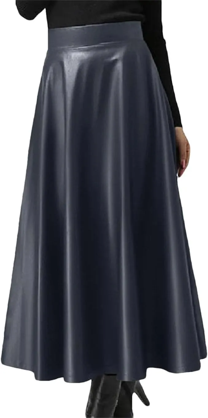 Women Long Skirts Fashion Leather PU Skirt Solid Office Lady Midi Skirts Elegant High-Waisted Party Skirts