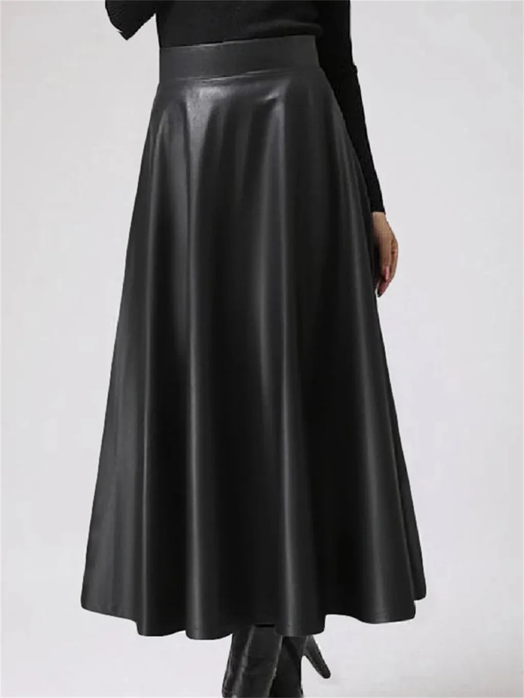 Women Long Skirts Fashion Leather PU Skirt Solid Office Lady Midi Skirts Elegant High-Waisted Party Skirts