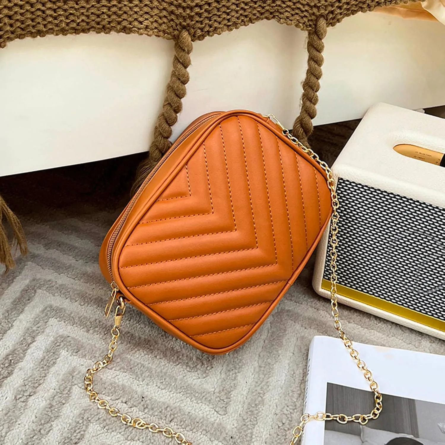 Women Messenger Bag Fashion Simple Stripe Trend Chain Shoulder Bag Purse Practical Ladies Bag