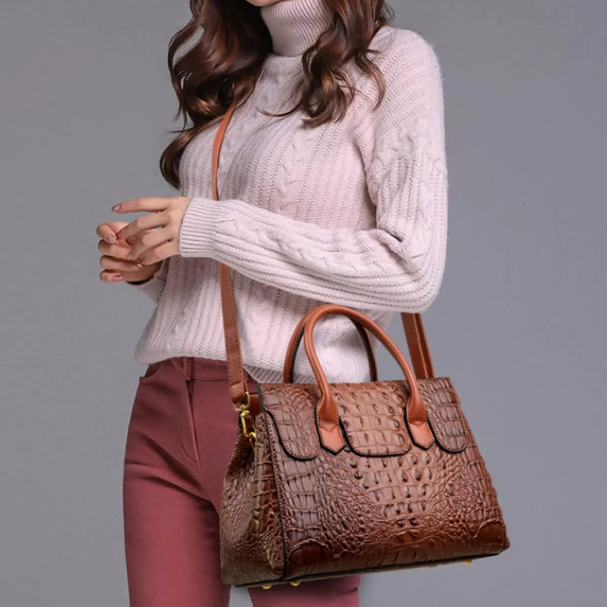 Women Satchel Bag PU Leather Crocodile-Embossed Pattern With Top Handle Shoulder Bags Handbags Fashion Purses Totes