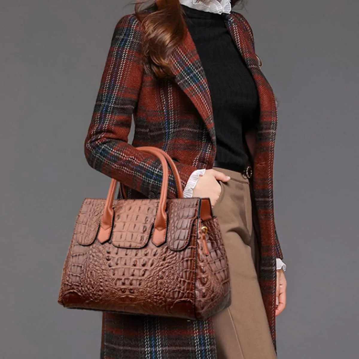 Women Satchel Bag PU Leather Crocodile-Embossed Pattern With Top Handle Shoulder Bags Handbags Fashion Purses Totes