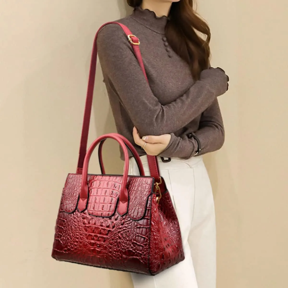 Women Satchel Bag PU Leather Crocodile-Embossed Pattern With Top Handle Shoulder Bags Handbags Fashion Purses Totes