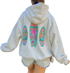 Women Teen Girls Cute Embroidered Flower Ocean Graphic Hoodies Coastal Preppy Long Sleeve Pocket Hoodie Sweatshirts