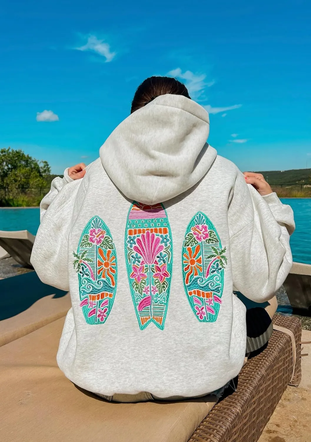 Women Teen Girls Cute Embroidered Flower Ocean Graphic Hoodies Coastal Preppy Long Sleeve Pocket Hoodie Sweatshirts