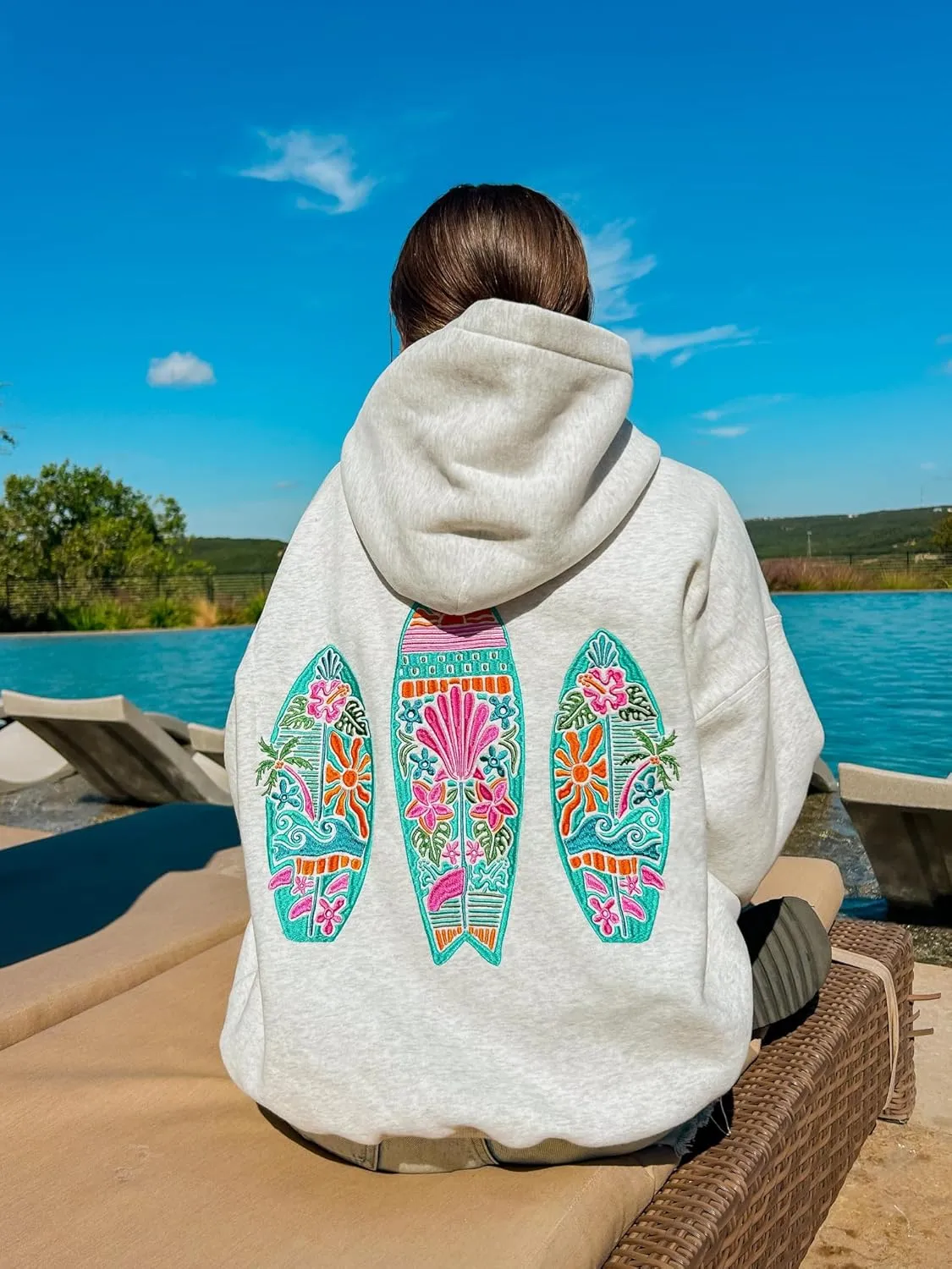 Women Teen Girls Cute Embroidered Flower Ocean Graphic Hoodies Coastal Preppy Long Sleeve Pocket Hoodie Sweatshirts