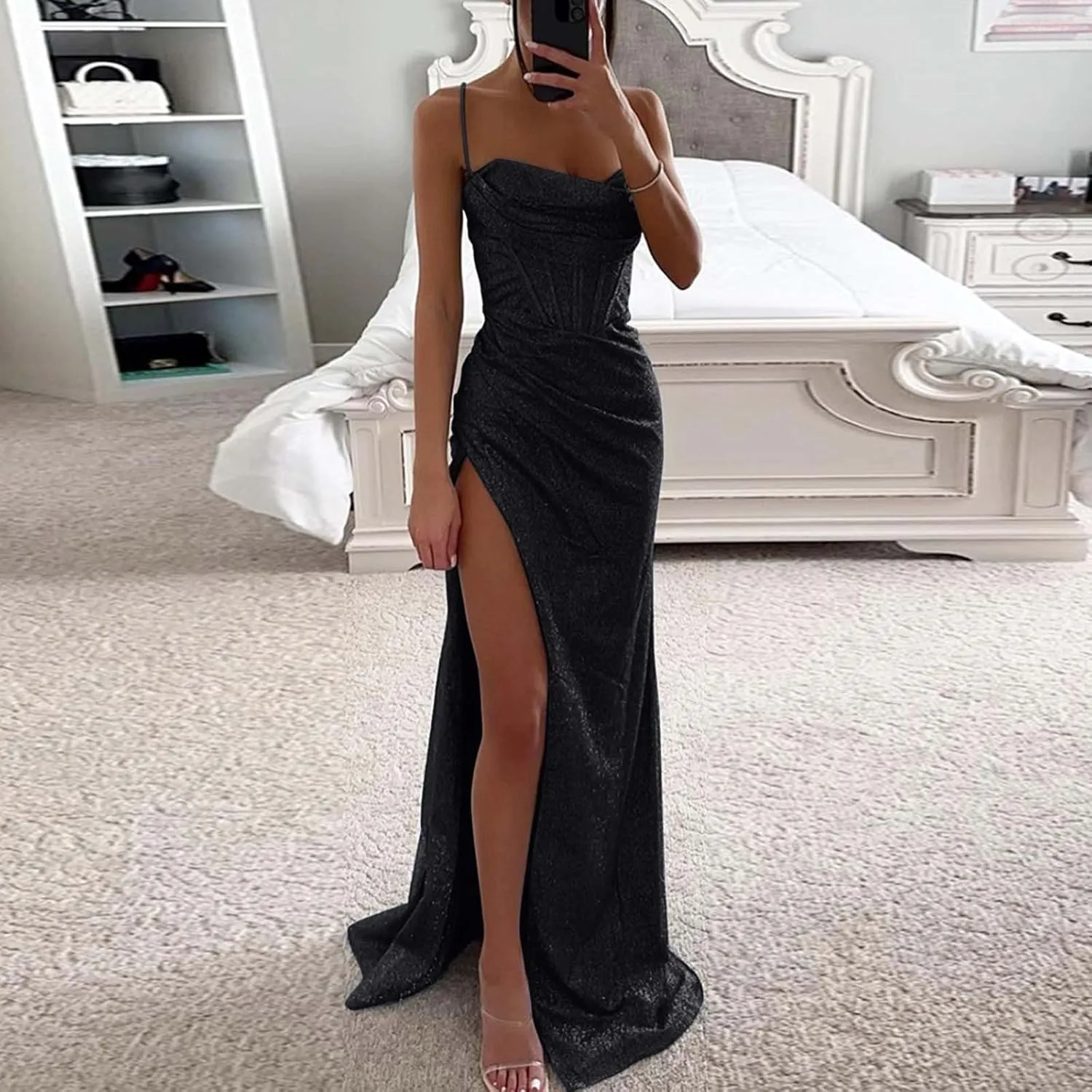 Women's 2025 Solid Color Sequin Strap Dress Spring Casual Slit Maxi Semi Formal Fit Skirts for Women Party Long Dresses
