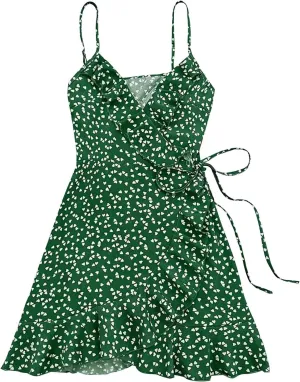 Women's Boho Summer Dresses 2025 Spaghetti Straps Sleeveless Cami Mini Dresses Wrap Knot Ruffle Flowy Sundress Dress