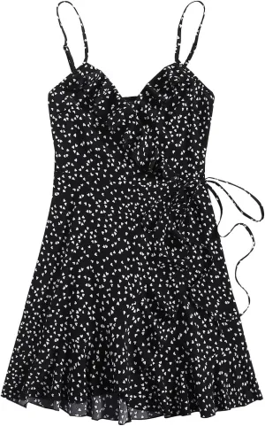 Women's Boho Summer Dresses 2025 Spaghetti Straps Sleeveless Cami Mini Dresses Wrap Knot Ruffle Flowy Sundress Dress