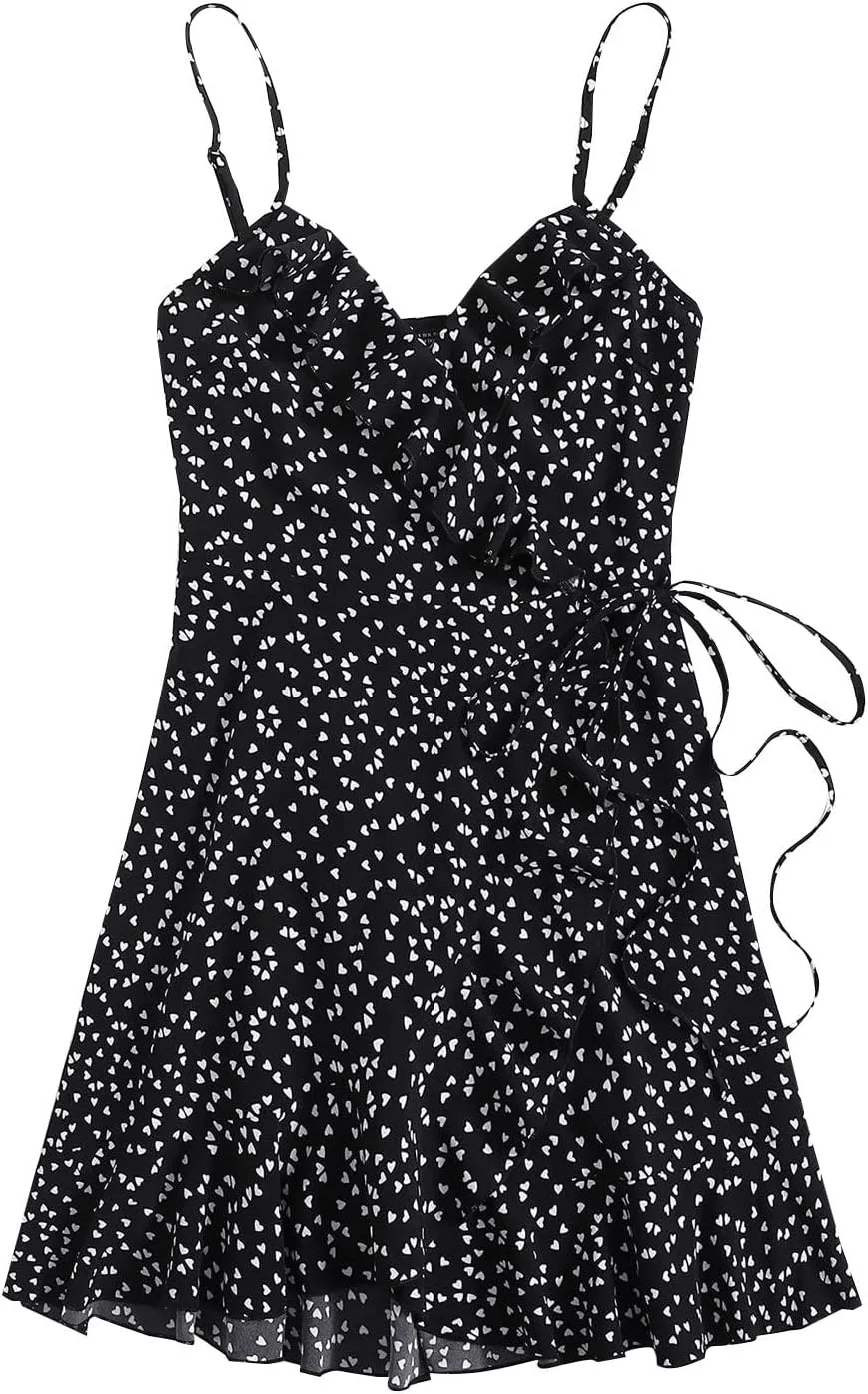 Women's Boho Summer Dresses 2025 Spaghetti Straps Sleeveless Cami Mini Dresses Wrap Knot Ruffle Flowy Sundress Dress