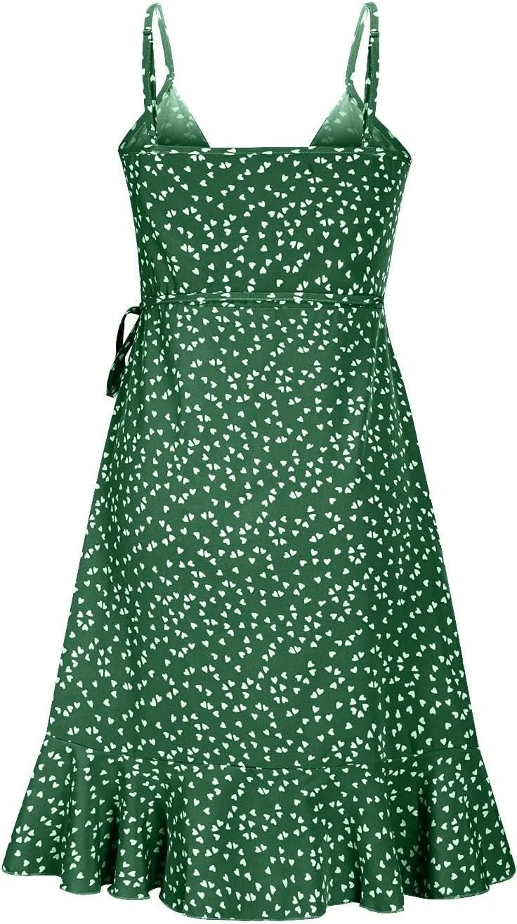 Women's Boho Summer Dresses 2025 Spaghetti Straps Sleeveless Cami Mini Dresses Wrap Knot Ruffle Flowy Sundress Dress