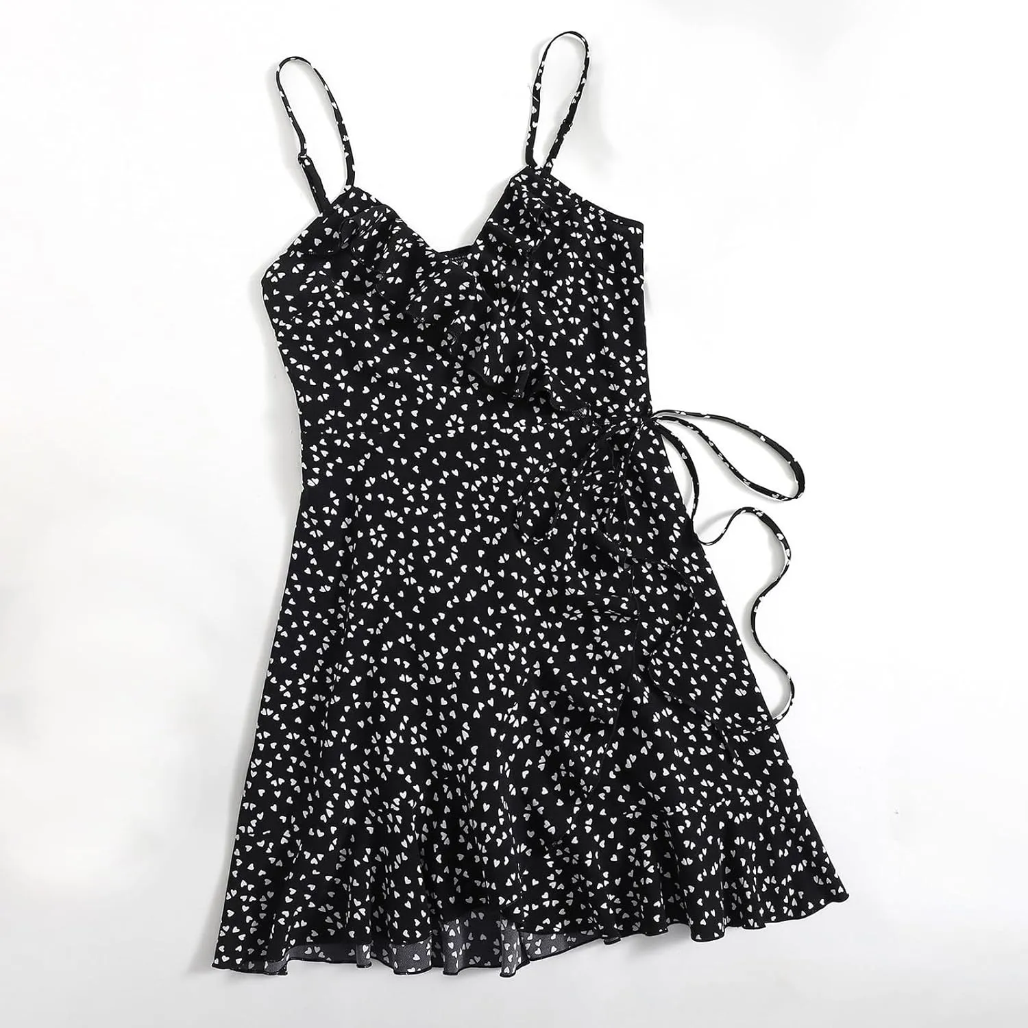 Women's Boho Summer Dresses 2025 Spaghetti Straps Sleeveless Cami Mini Dresses Wrap Knot Ruffle Flowy Sundress Dress