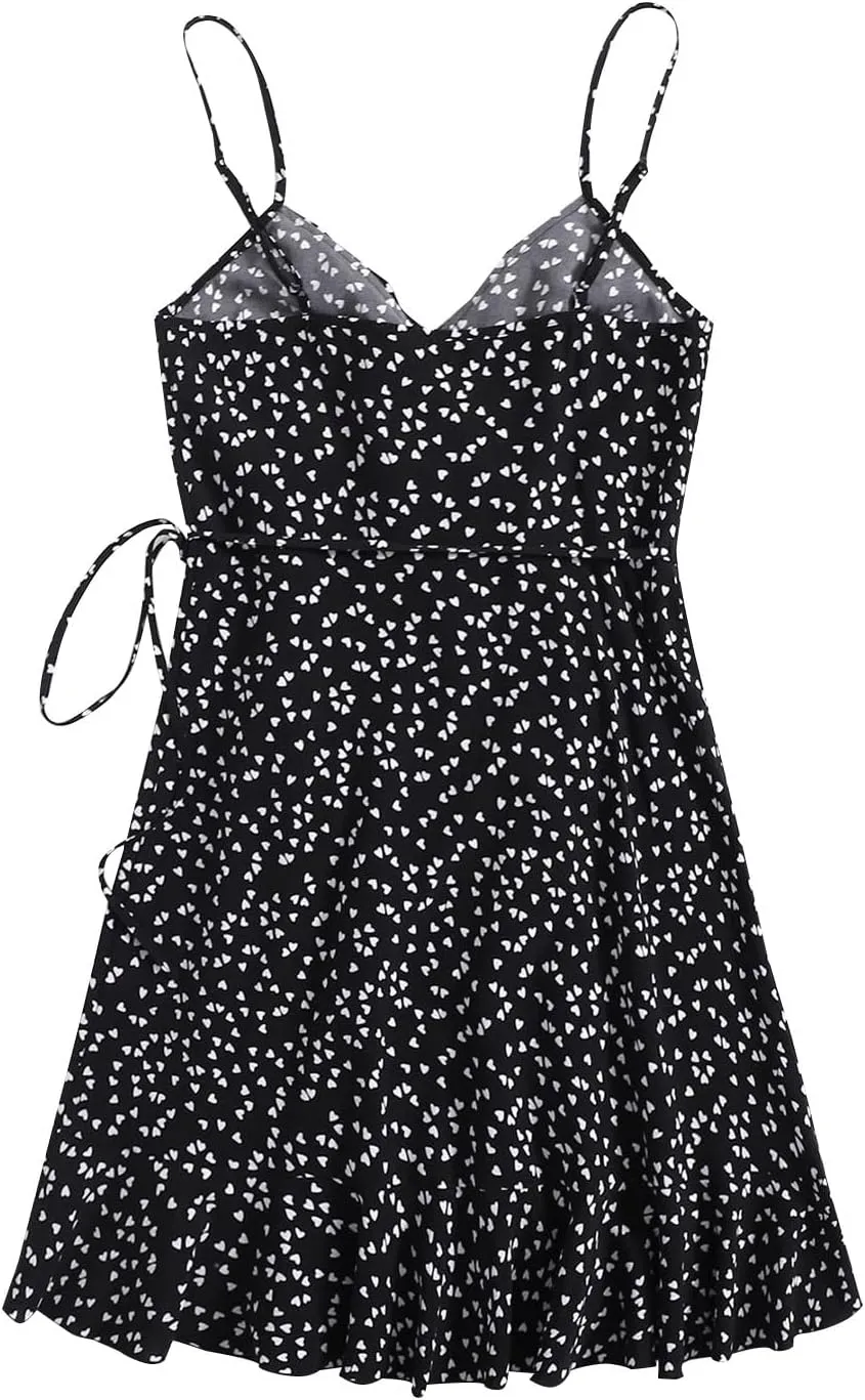 Women's Boho Summer Dresses 2025 Spaghetti Straps Sleeveless Cami Mini Dresses Wrap Knot Ruffle Flowy Sundress Dress