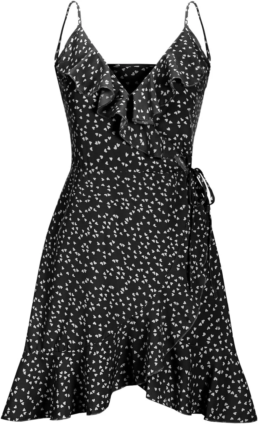 Women's Boho Summer Dresses 2025 Spaghetti Straps Sleeveless Cami Mini Dresses Wrap Knot Ruffle Flowy Sundress Dress