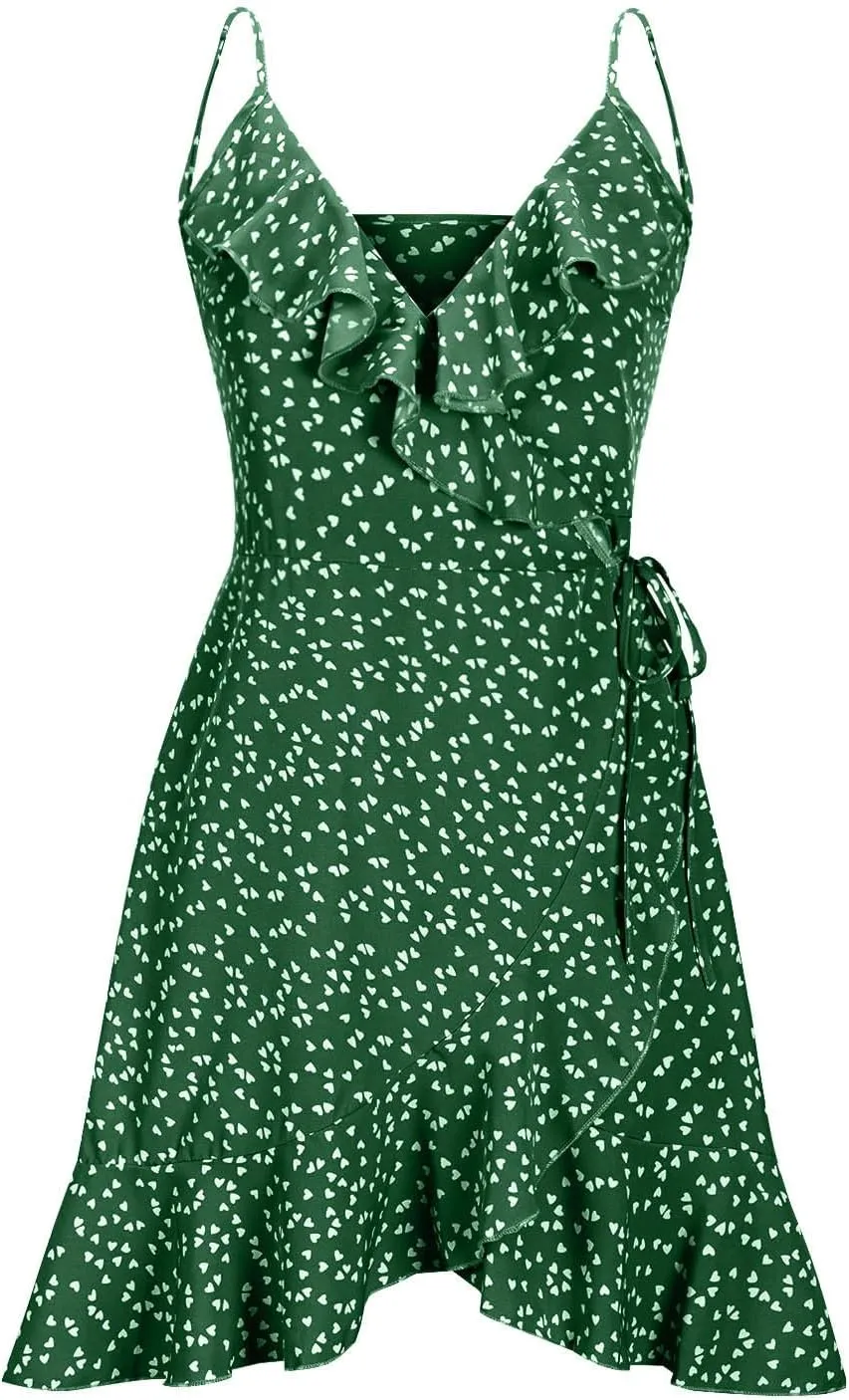 Women's Boho Summer Dresses 2025 Spaghetti Straps Sleeveless Cami Mini Dresses Wrap Knot Ruffle Flowy Sundress Dress