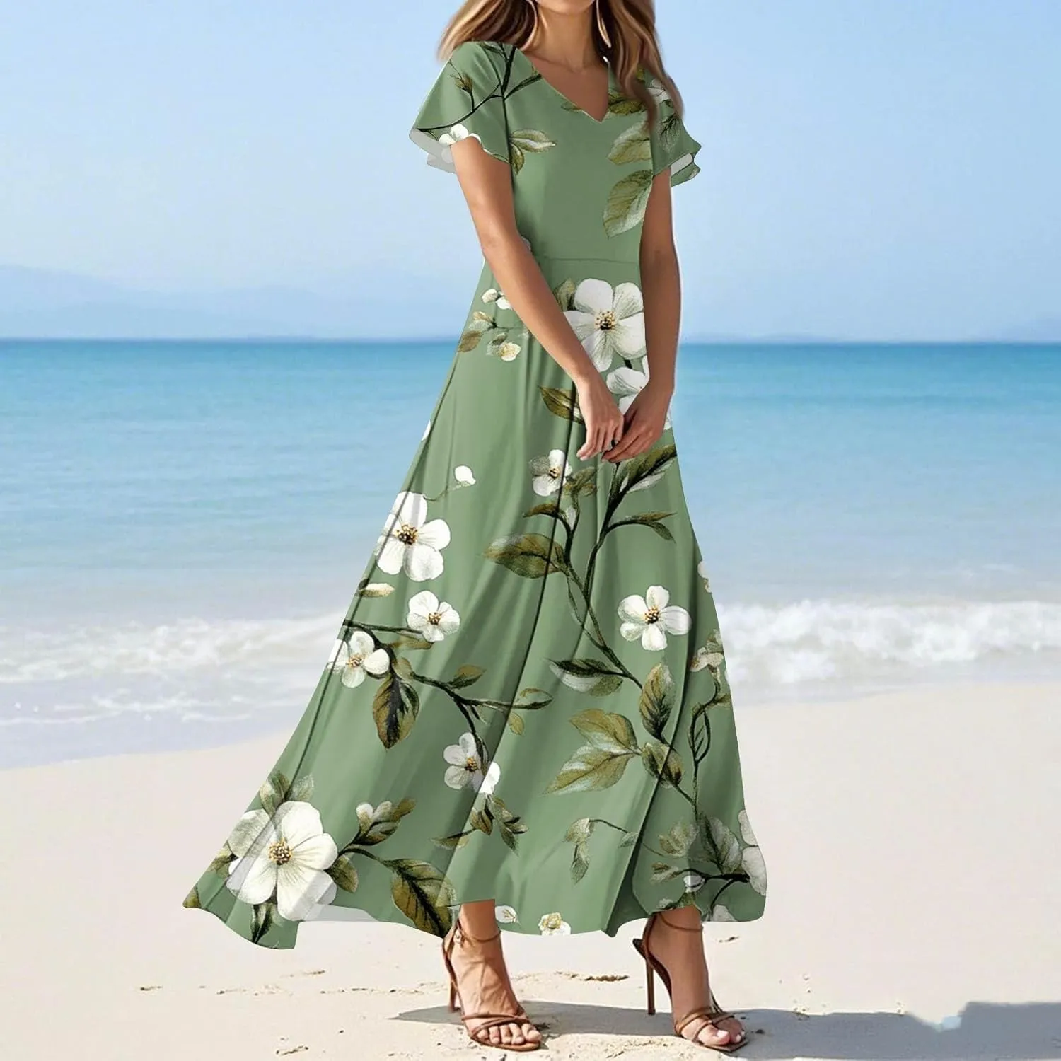 Women's Casual A-Line Dresses 2025 V Neck Short Sleeve Dress Empire Waist Boho Summer Sundress