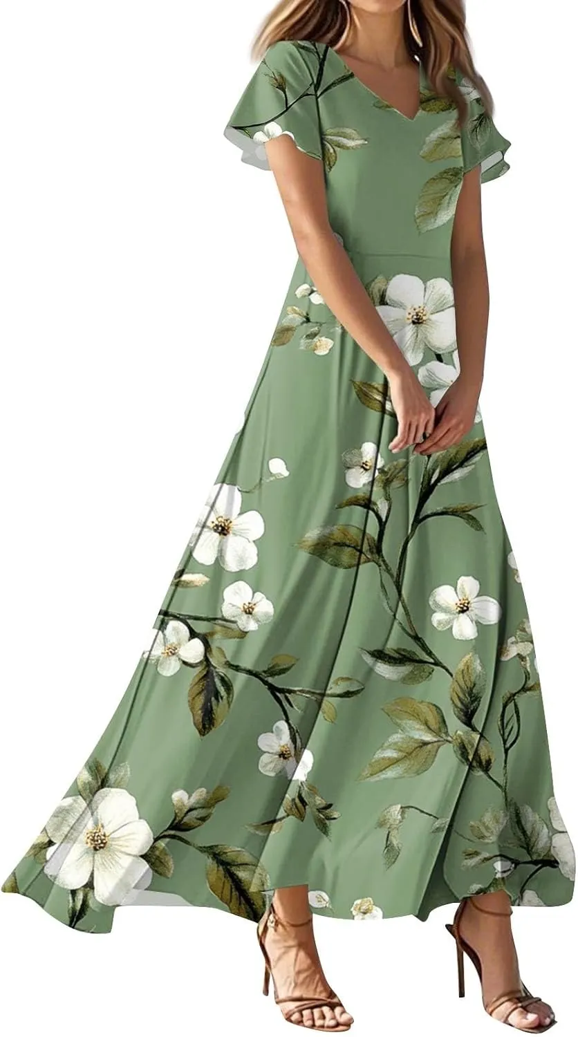 Women's Casual A-Line Dresses 2025 V Neck Short Sleeve Dress Empire Waist Boho Summer Sundress