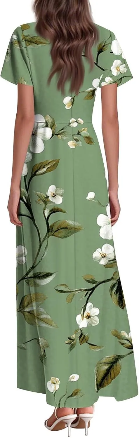Women's Casual A-Line Dresses 2025 V Neck Short Sleeve Dress Empire Waist Boho Summer Sundress