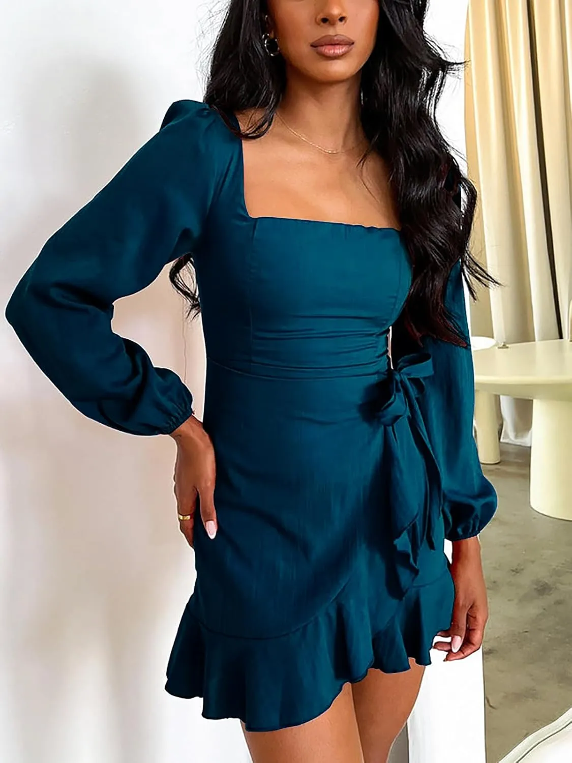 Women's Casual Ruffle Hem Solid Wrap Dress Long Puff Sleeve Front Tie Knot Cocktail Party Dresses