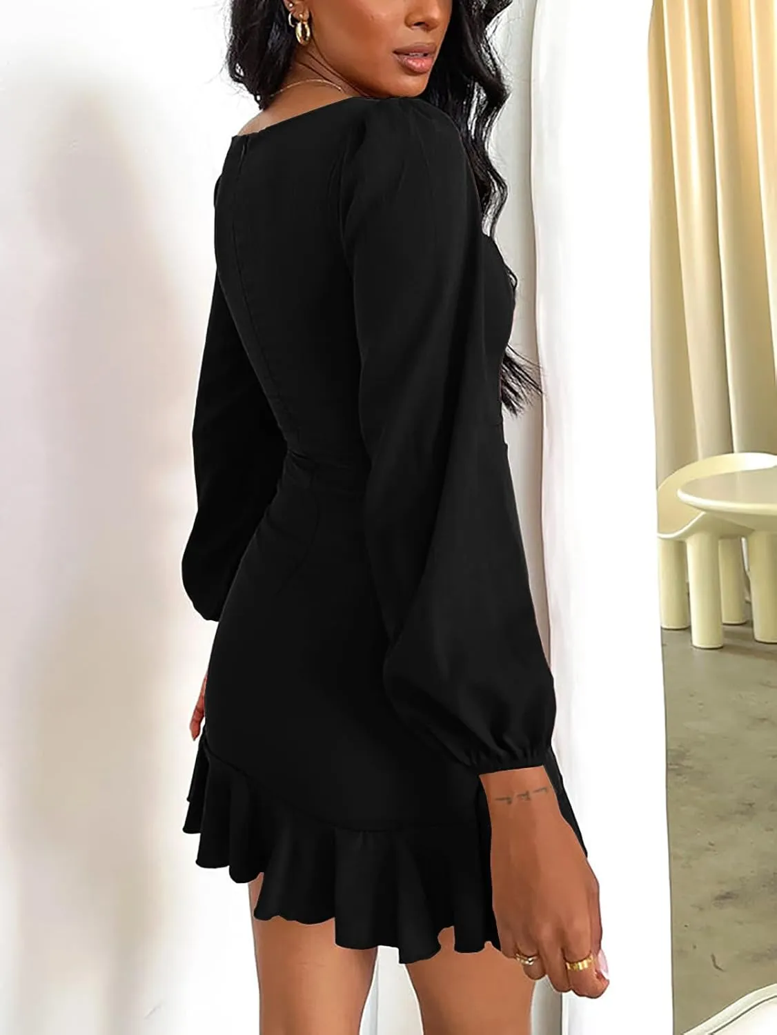 Women's Casual Ruffle Hem Solid Wrap Dress Long Puff Sleeve Front Tie Knot Cocktail Party Dresses