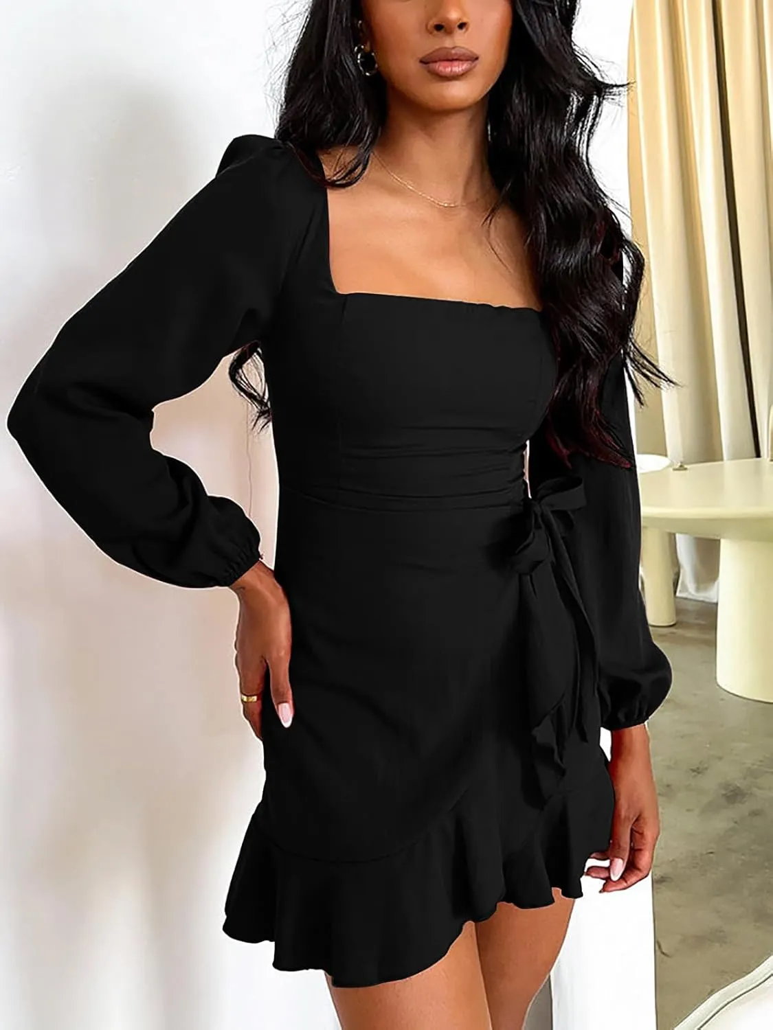 Women's Casual Ruffle Hem Solid Wrap Dress Long Puff Sleeve Front Tie Knot Cocktail Party Dresses