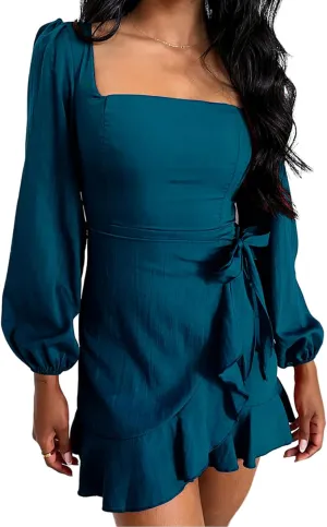 Women's Casual Ruffle Hem Solid Wrap Dress Long Puff Sleeve Front Tie Knot Cocktail Party Dresses