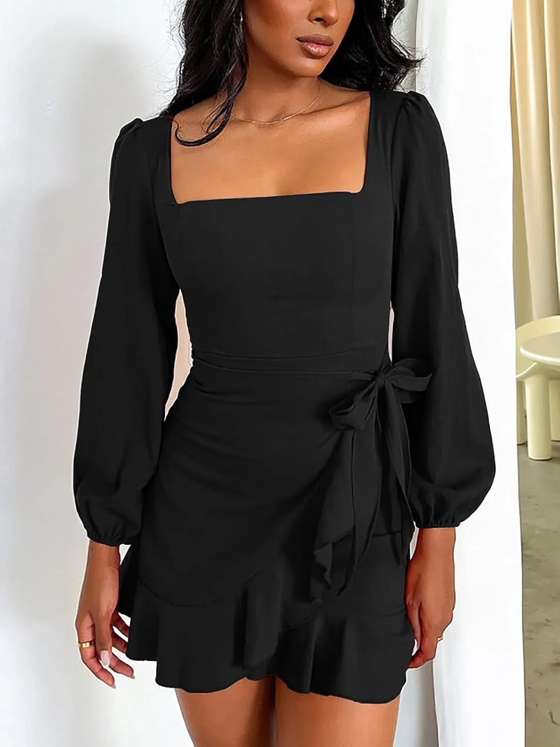 Women's Casual Ruffle Hem Solid Wrap Dress Long Puff Sleeve Front Tie Knot Cocktail Party Dresses