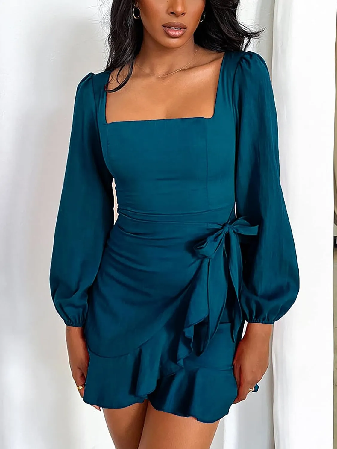 Women's Casual Ruffle Hem Solid Wrap Dress Long Puff Sleeve Front Tie Knot Cocktail Party Dresses