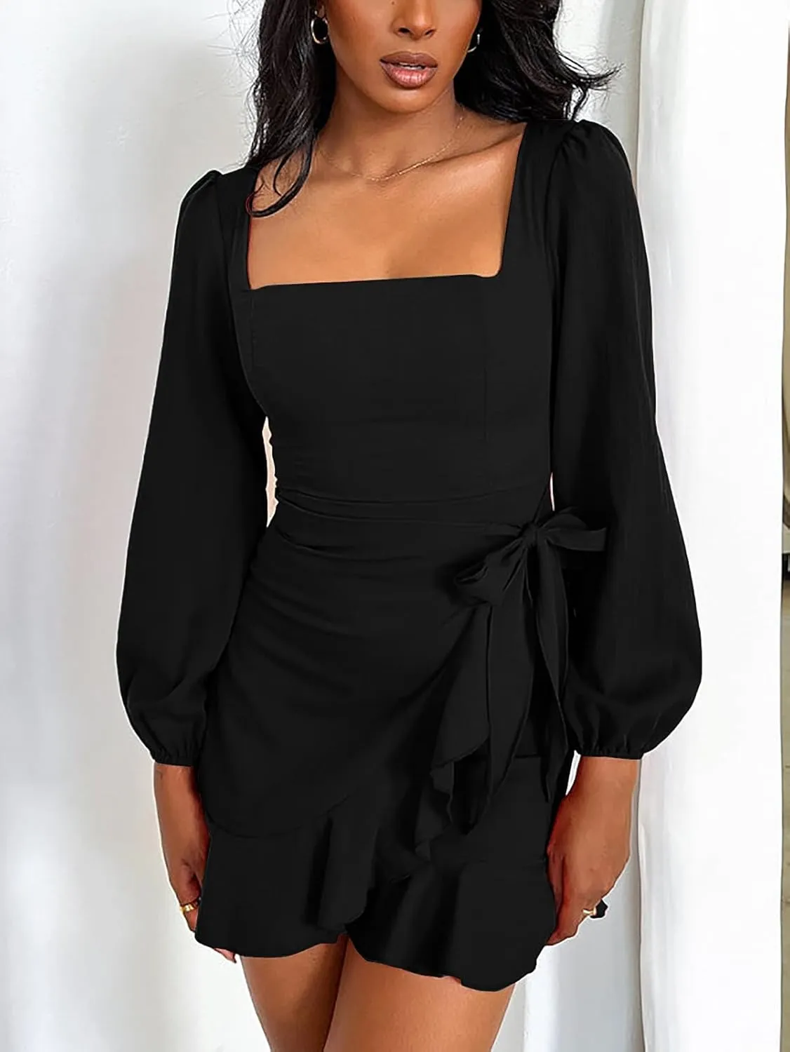 Women's Casual Ruffle Hem Solid Wrap Dress Long Puff Sleeve Front Tie Knot Cocktail Party Dresses