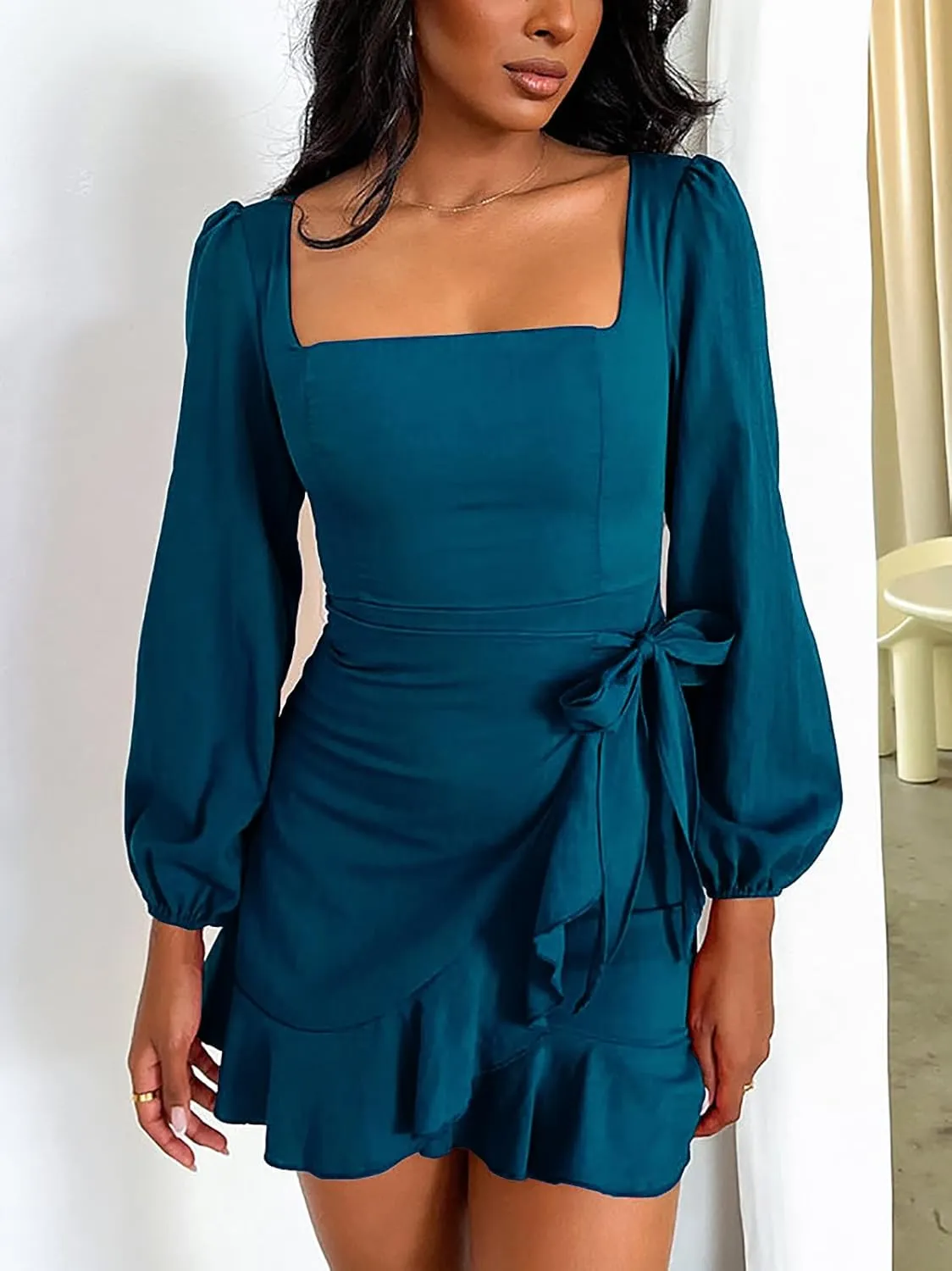 Women's Casual Ruffle Hem Solid Wrap Dress Long Puff Sleeve Front Tie Knot Cocktail Party Dresses
