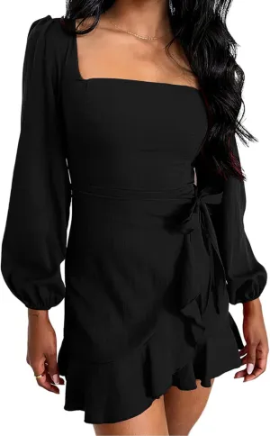 Women's Casual Ruffle Hem Solid Wrap Dress Long Puff Sleeve Front Tie Knot Cocktail Party Dresses