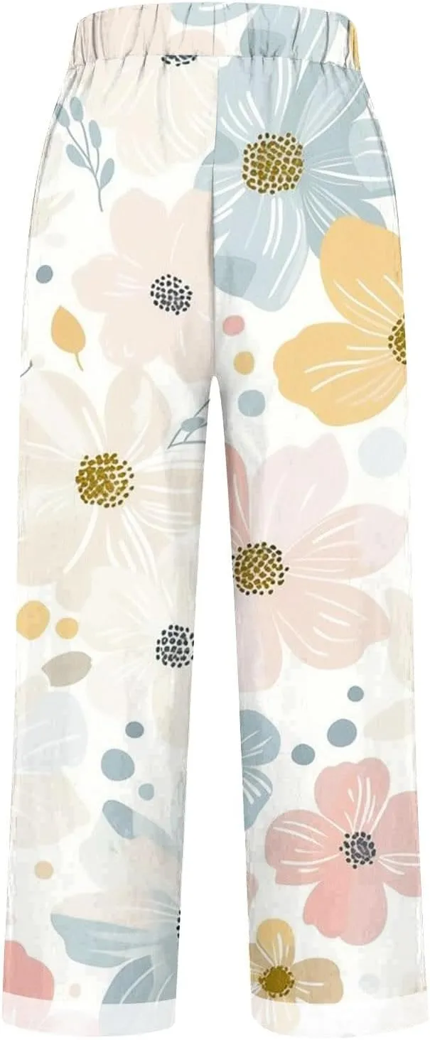 Womens Cotton Linen Pants 2025 Women'sPrinted Loose Pocket Casual Cotton and Linen Pants Vacation Beach Pants Flowy