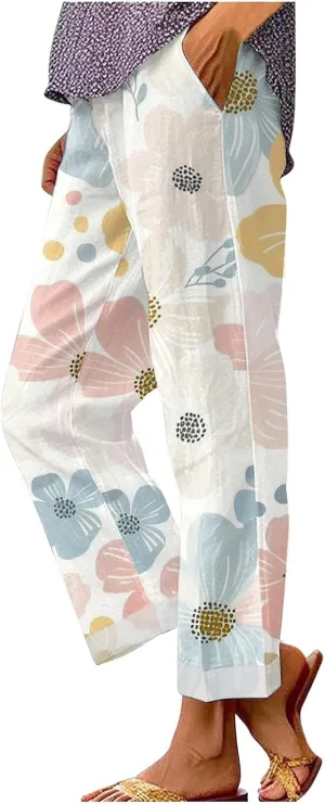 Womens Cotton Linen Pants 2025 Women'sPrinted Loose Pocket Casual Cotton and Linen Pants Vacation Beach Pants Flowy