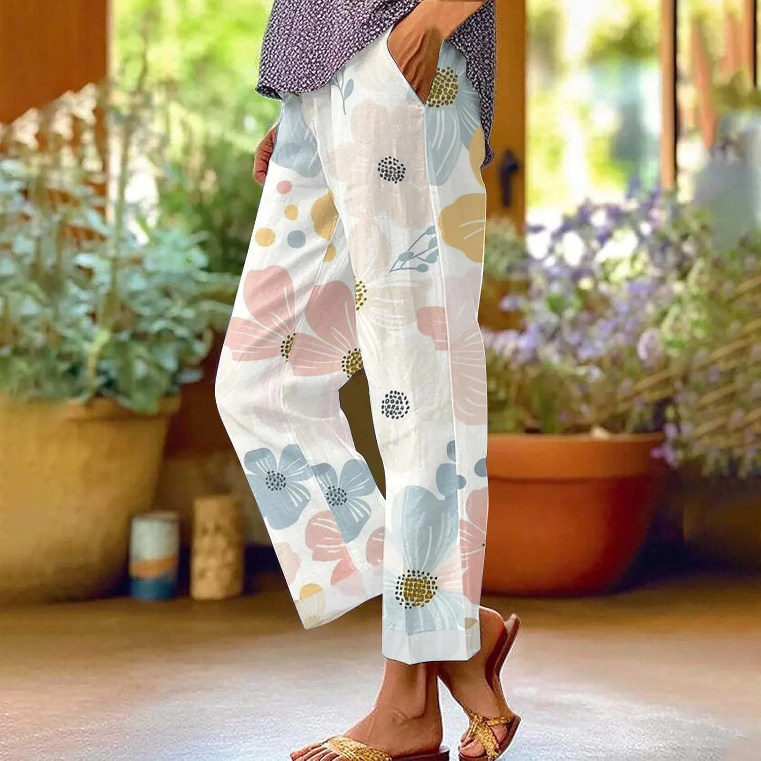 Womens Cotton Linen Pants 2025 Women'sPrinted Loose Pocket Casual Cotton and Linen Pants Vacation Beach Pants Flowy