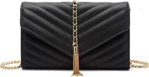 Women's Elegant Quilted Handbag Black Vegan Leather Shoulder Purse with Clutch Function