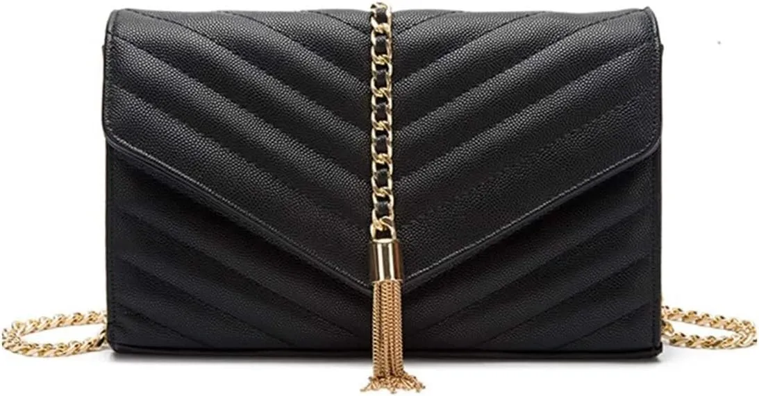 Women's Elegant Quilted Handbag Black Vegan Leather Shoulder Purse with Clutch Function