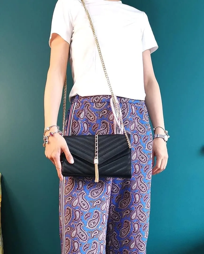 Women's Elegant Quilted Handbag Black Vegan Leather Shoulder Purse with Clutch Function