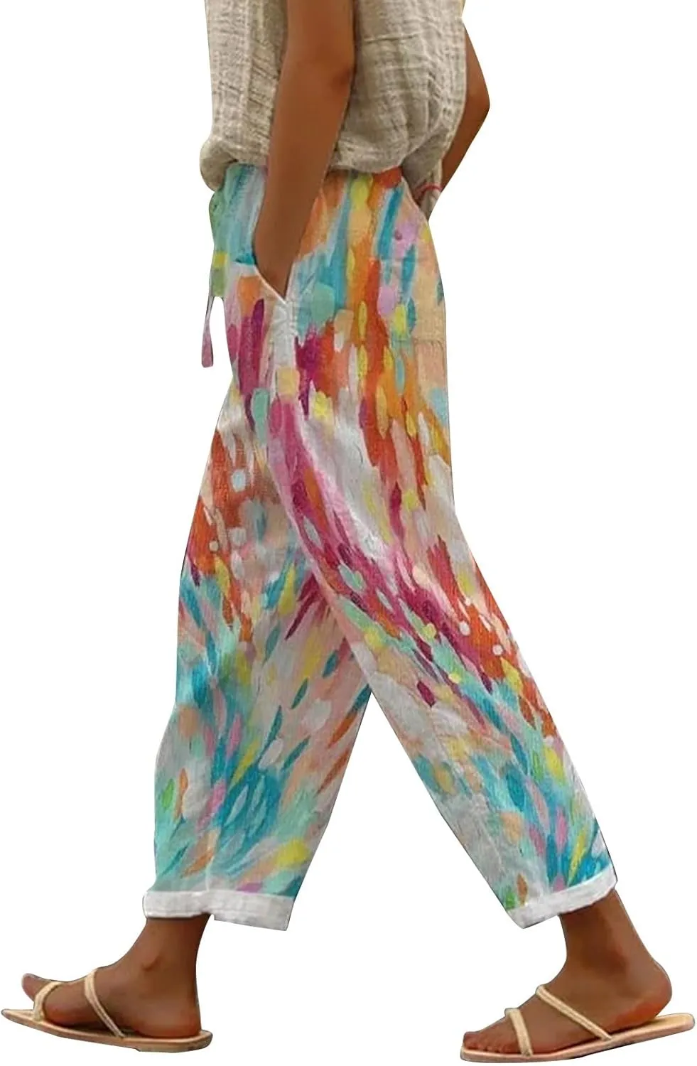 Womens Floral Prirted Linen Pants Summer Casual Boho Beach Straight Leg Crop Stretchy Trousers with Pockets
