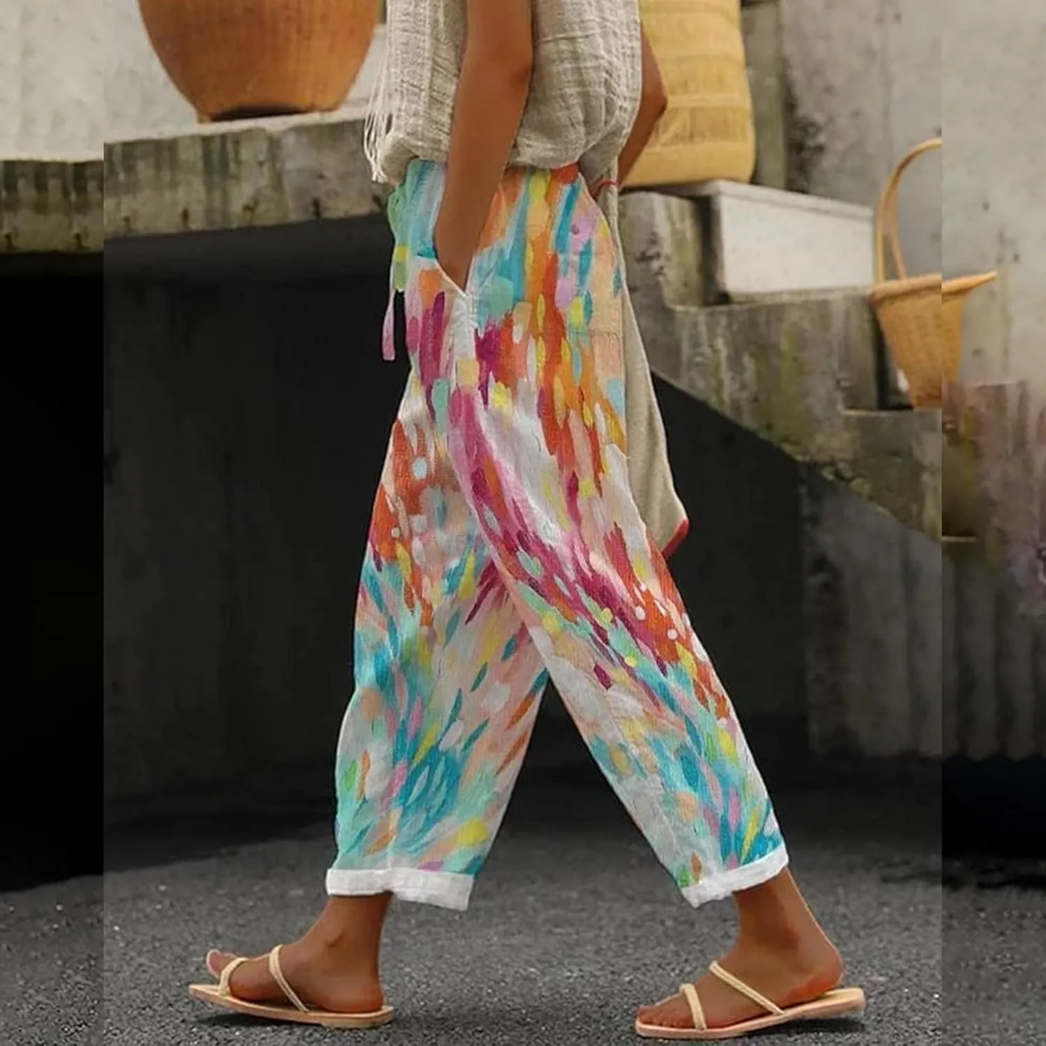 Womens Floral Prirted Linen Pants Summer Casual Boho Beach Straight Leg Crop Stretchy Trousers with Pockets