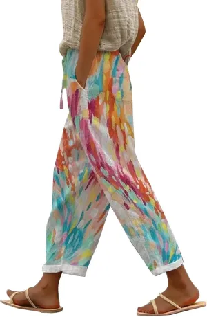 Womens Floral Prirted Linen Pants Summer Casual Boho Beach Straight Leg Crop Stretchy Trousers with Pockets