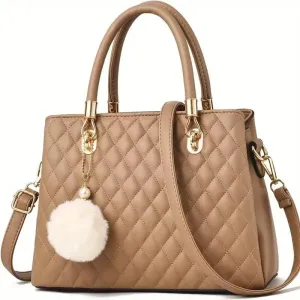 Womens Handbags Purses Top-handle Vegan PU Leather Totes Satchel Shoulder Bag for Ladies with Pompon, Brown