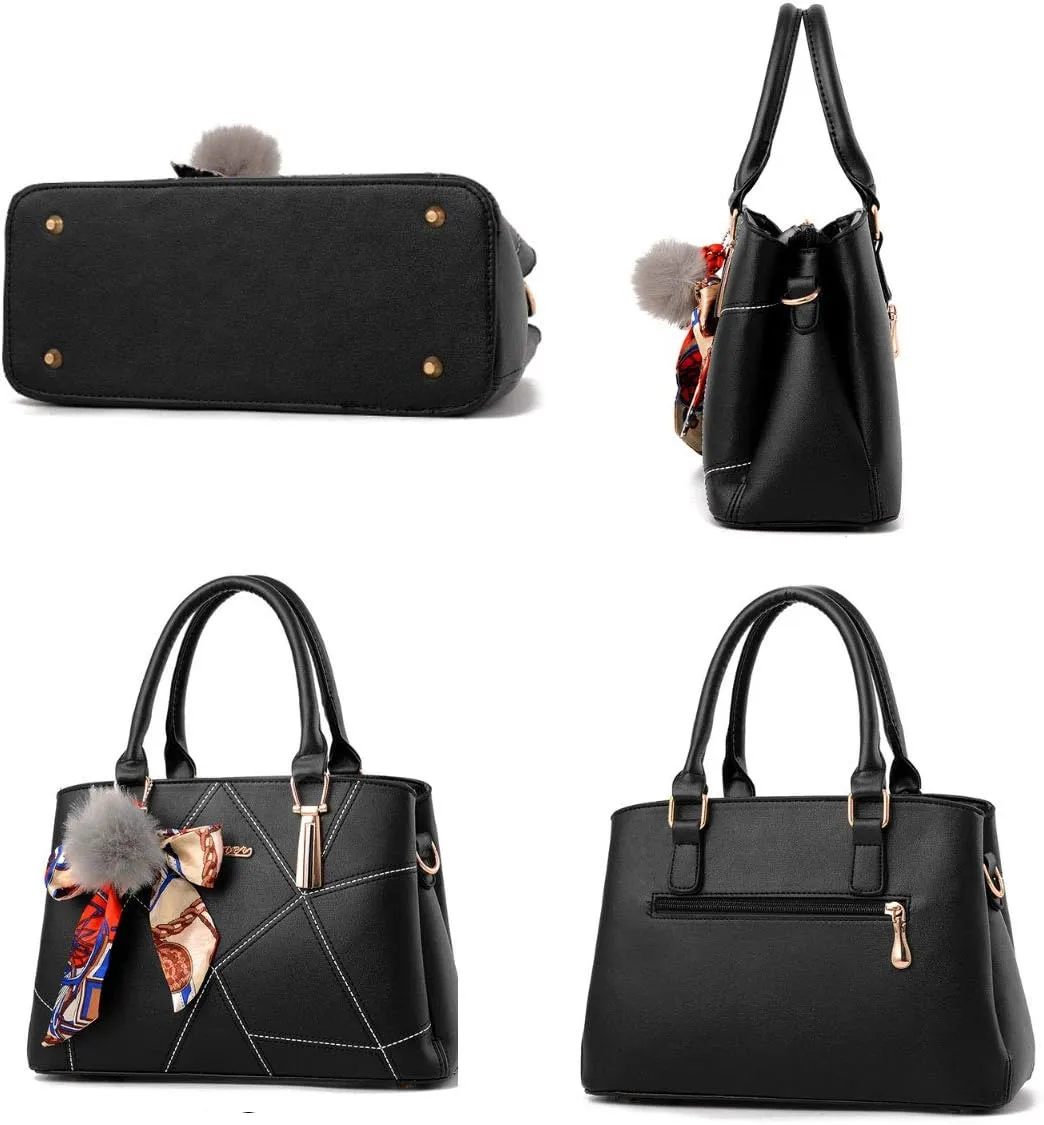 Womens Leather Handbags Purses Top-handle Totes Satchel Shoulder Bag for Ladies With Pompon and Bowknot White