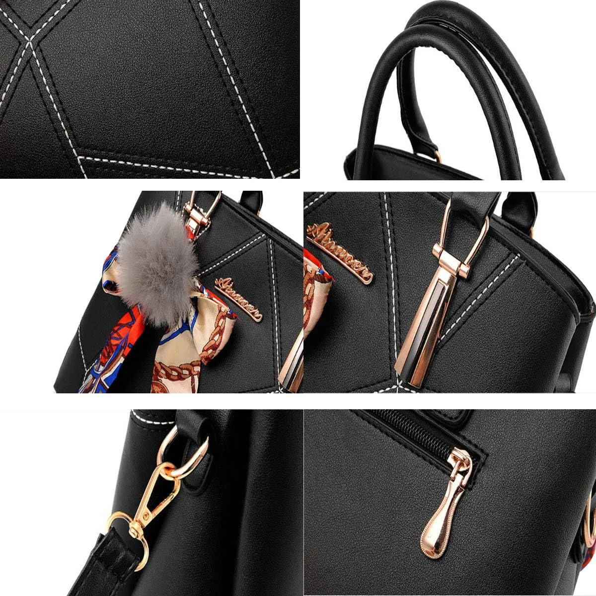 Womens Leather Handbags Purses Top-handle Totes Satchel Shoulder Bag for Ladies With Pompon and Bowknot White