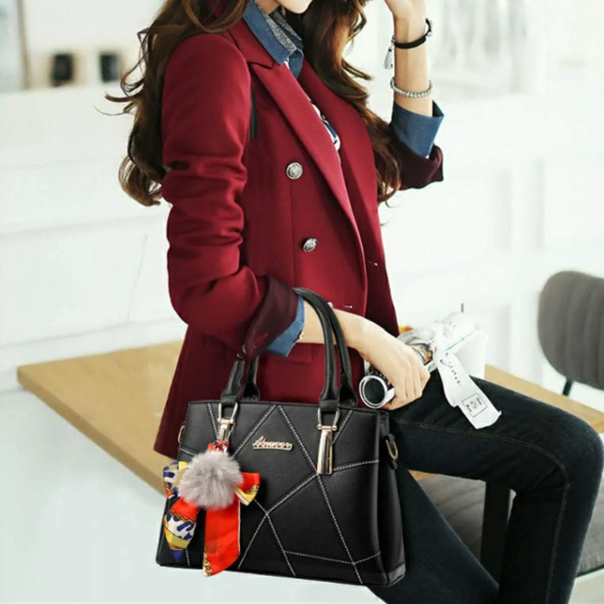 Womens Leather Handbags Purses Top-handle Totes Satchel Shoulder Bag for Ladies With Pompon and Bowknot White