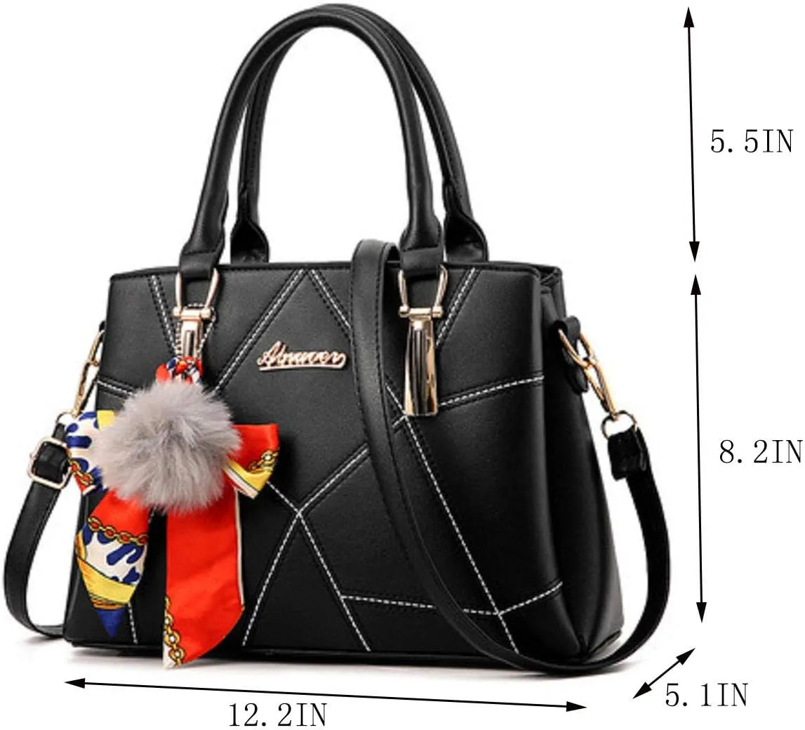Womens Leather Handbags Purses Top-handle Totes Satchel Shoulder Bag for Ladies With Pompon and Bowknot White